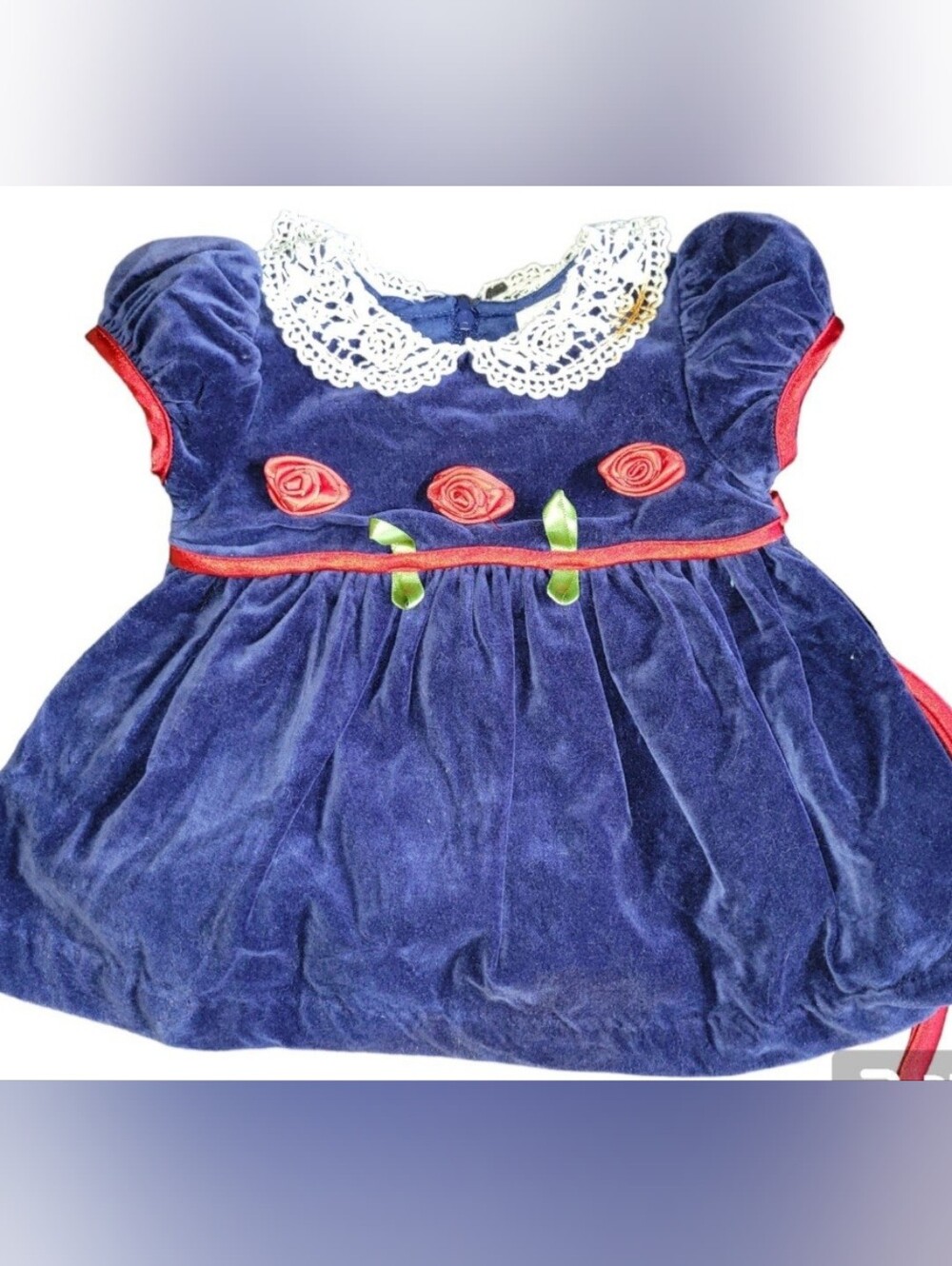 Vintage Baby Girl Blue Velour Velvet Dress Size Flowers Roses Lace 3-6 months